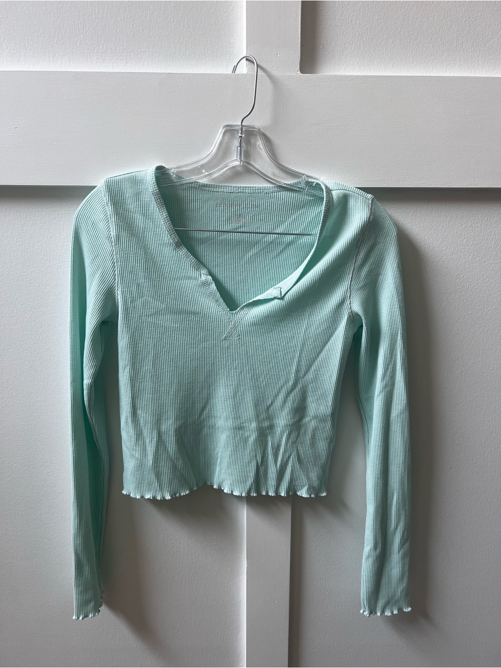 American Eagle Outfitters Mint Ribbed V-Neck Long Sleeve Top